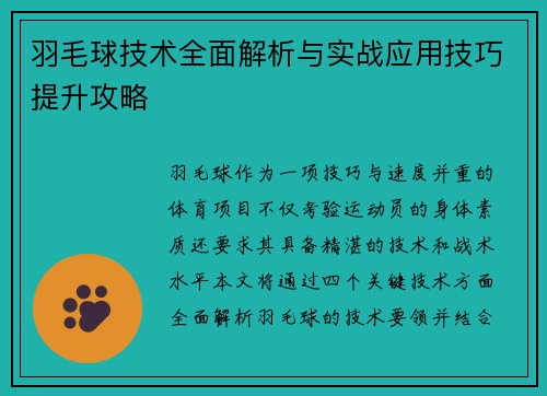 羽毛球技术全面解析与实战应用技巧提升攻略