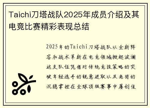 Taichi刀塔战队2025年成员介绍及其电竞比赛精彩表现总结